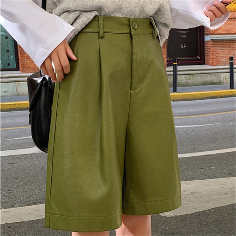 Simple High Waist Slender Fashion PU Leather Streetwear Chic Women All-Match Loose Casual Wide Leg Shorts 210421
