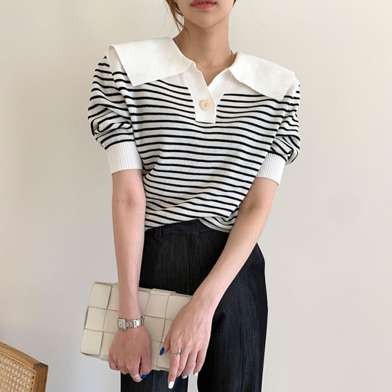 Summer Striped Knitted Tshirt Tops Women Short Sleeve Sailor Collar Casual Fashion Tees Pullover Korean Ladies T-shirt 210514