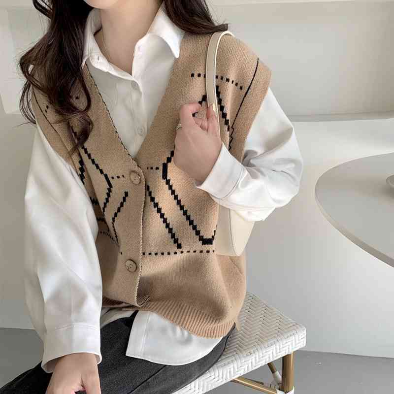 Single Breasted Plaid Knitted Carigan Vest Women Sleeveless V-neck Tops Korean Vintage Female Sweater Femme 210514