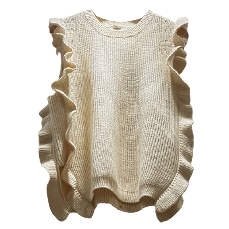 Nomikuma Ruffle Sleeveless Knitted Pullover Tops Causal O-neck Women Sweater Spring New Korean Pull Top Jumpers 6E002 210427