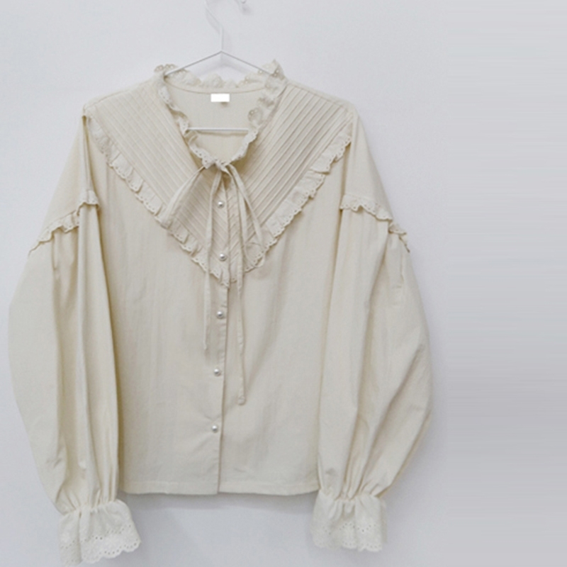 Arrival Spring Autumn Korea Fashion Puff Sleeve Loose Women Shirts Lace Patchwork Vintage Blouse Tops Female Blusas S408 210512