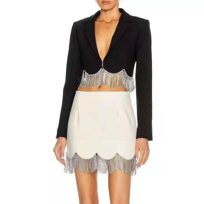 Short Blazer Mini Skirt Two Piece Set Women Tassels High Waist Sexy Suits Spring Streetwear 210708