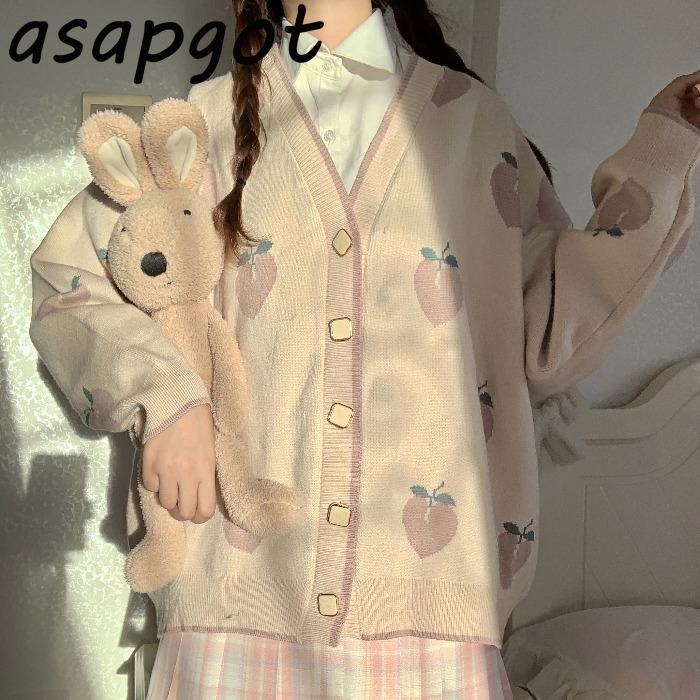 4style Vintage Japan Style Loose V Neck Pink Peach Knitted Cardigan Jacket Autumn Winter Sweet Girls Knitwear Top Fashion Print 210429