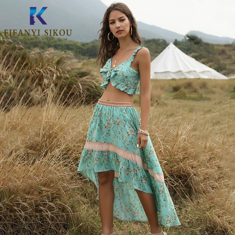 Two Piece Dress Summer Women Bohemia Set Fashion Print Sexy Tank Tops And Asymmetry Long Skirts Beach Vacation 2