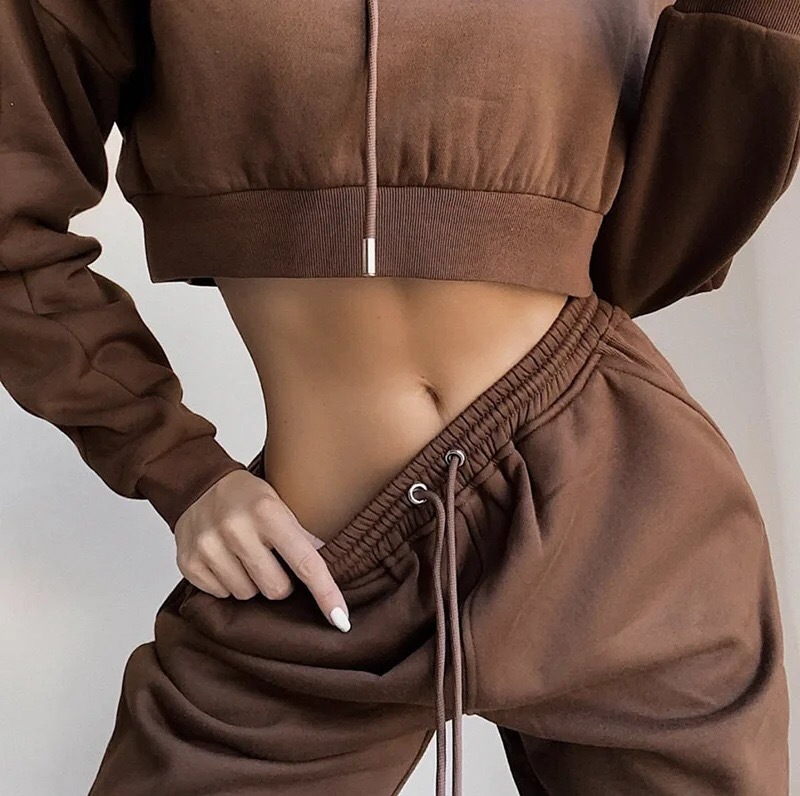 2 Pieces Set Harajuku Long Sleeve Hoodies Fleece Cropped Hooded Sweatshirt Elastic Waist Sport Pants Women Sweats 210429