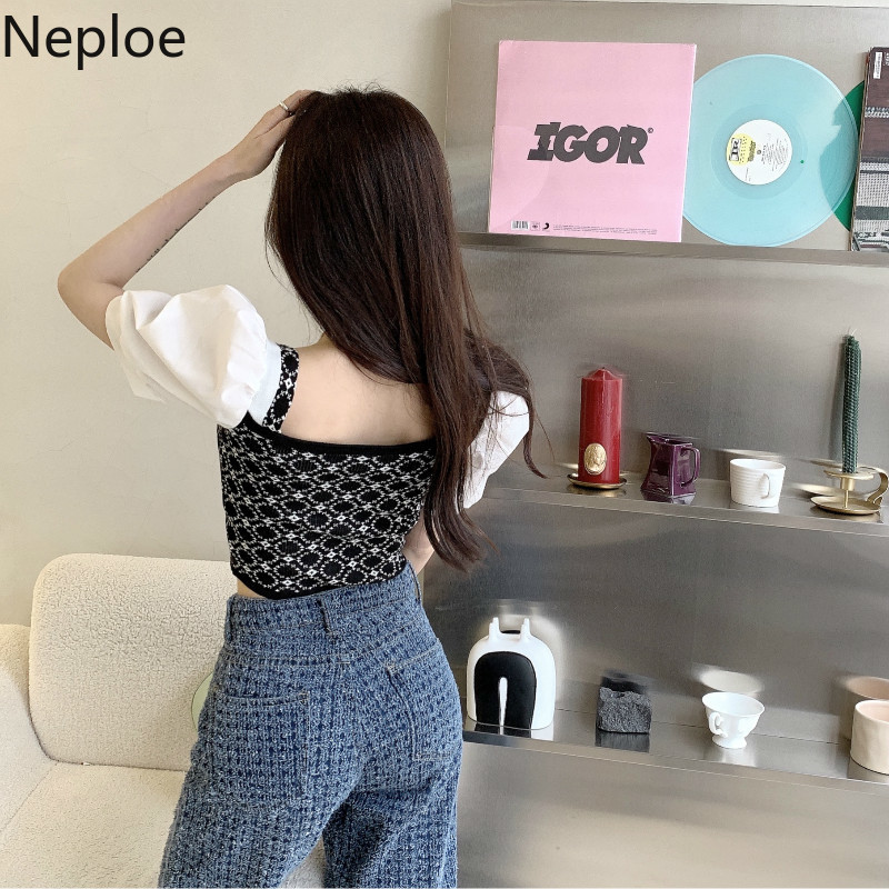 Neploe Women T Shirt Sweet Korean Crop Top Square Neck Patchwork Plaid Thin Knitted Shirts Summer Puff Short Sleeve Fashion Tops 210422
