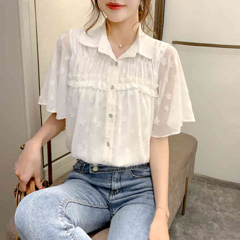 Korean Style Summer Blouse Women Flare Short Sleeve Casual Chiffon Shirts White Cardigan Ladies Tops Clothes 9057 50 210508