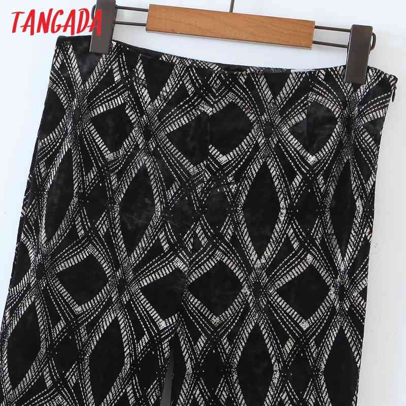Fashion Women Print Velvet Flare Trousers Side Zipper Female Pants QW78 210416