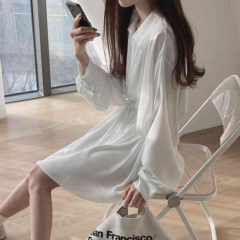 S-XL spring Long sleeve shirt Dress woman Lady loose shirt Autumn White Maxi Beach Dress womens Robe Vestido (G3299 210423