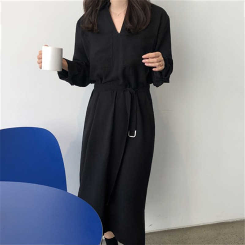 Womens Minimalism Casual Loose V Neck Button Pockets Bow Belt High Waist Girl Female Black Shirt Blouse Dress E086 210603
Womens Minimalism Casual Loose V Neck Button Pockets Bow Belt High Waist Girl Female Black Shirt Blouse Dress E086 210603