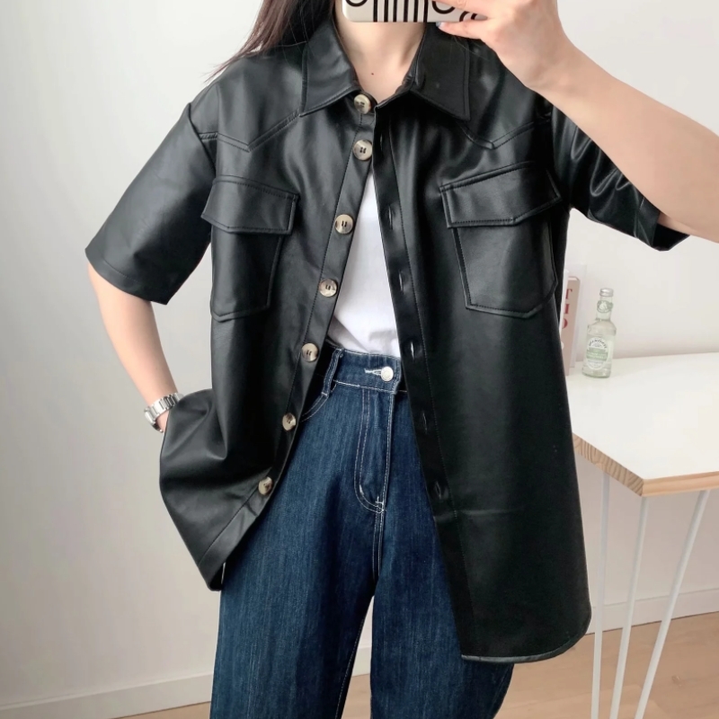 Women Patch Pocket Black PU Leather Shirt Female Short Sleeve Blouse Fashion Lady Loose Tops Blusas S8779 210430
