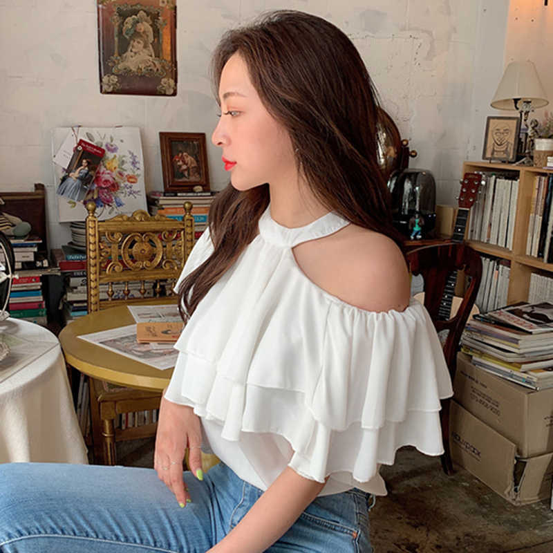 Korejpaa Women Shirt Summer Korean Chic Lady Feminine Halter-Neck Slack Shoulder Double-Layer Ruffled Flying Sleeve Blouse 210526