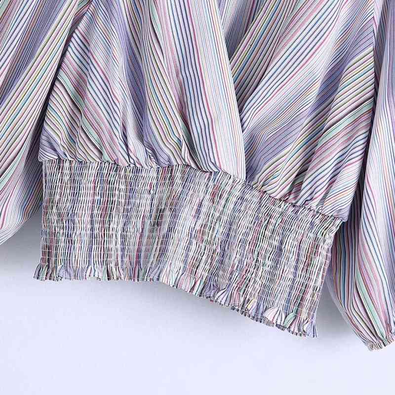 Summer Women V Neck Elastic Waist Striped Short Blouse Female Lantern Sleeve Smock Shirt Casual Lady Loose Tops Blusas S8806 210430