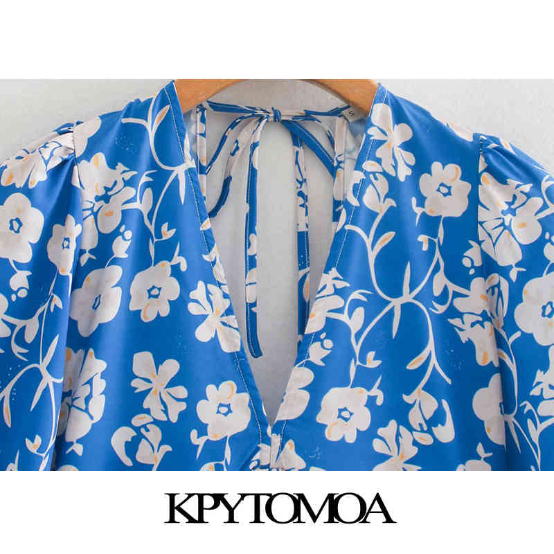 Women Chic Fashion Floral Print Pleated Mini Dress Puff Sleeves Backless Elastic Female Dresses Vestidos 210420