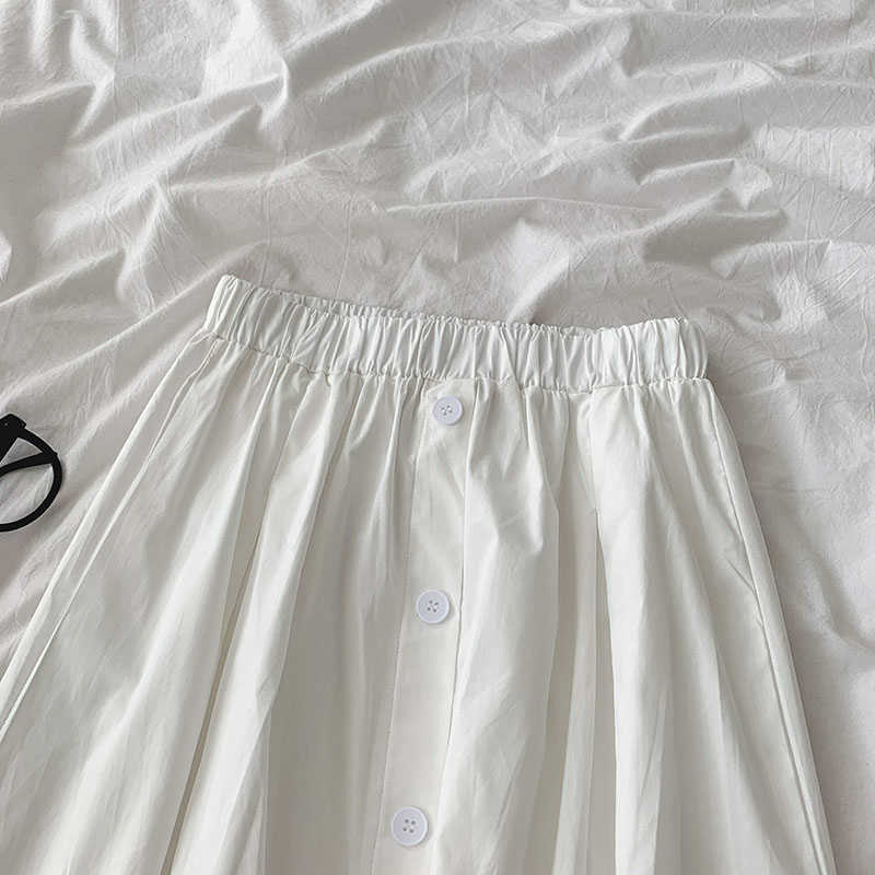 Woman Skirts Korean Buttons A-line Mid-calf Skirt Stretch High Waist Fashion Solid Faldas Mujer Moda 6G828 210603