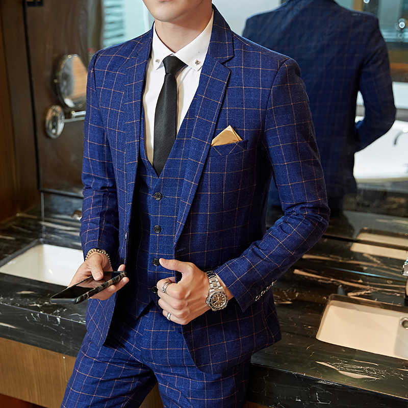 Wedding suit men Slim Fit Plaid Suit 3pc set Male Groom Blazers Pants Man Formal Business Work Wear Dress Suits Asian size X0909