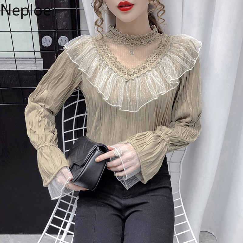 Neploe Stand Neck Hollow Out Blouse Women Gauze Patchwork Lace Tops New Fashion Ruffles Temperament Shirt Blusas Mujer 210422