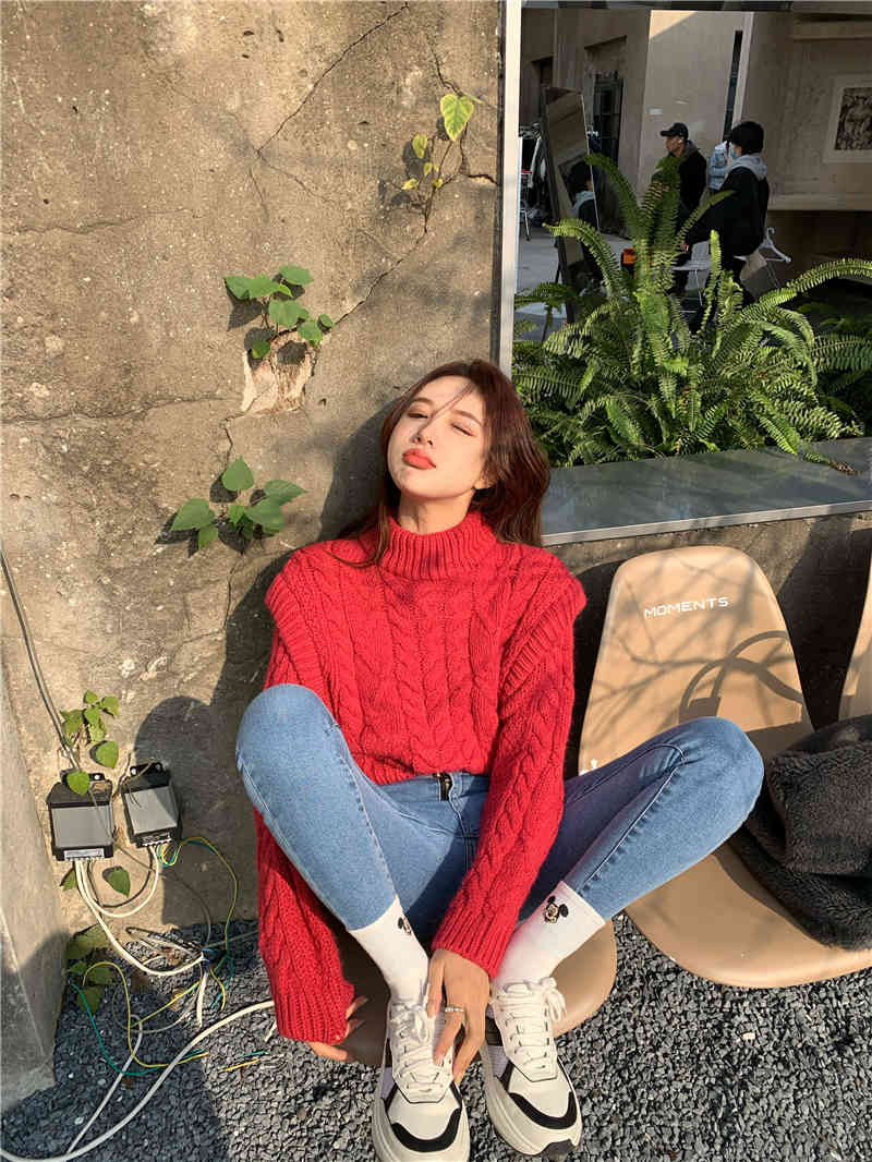 womens knitted Sweater Autumn and winter loose korean style female Soild Color red Sweaters and pullovers womens (R99516) 210423