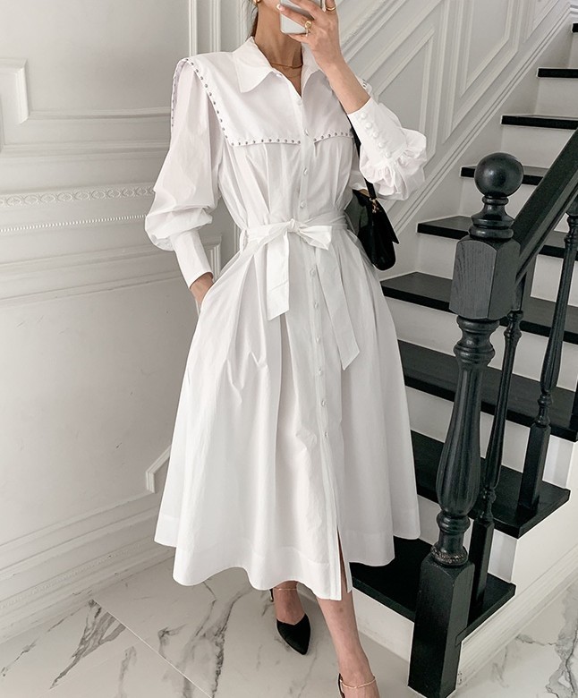 Spring Elegant Rivet Shirts Dress Vestidos Women Clothing Vintage Single-breasted OL Work Lace Up Casual Dresses Female 210518