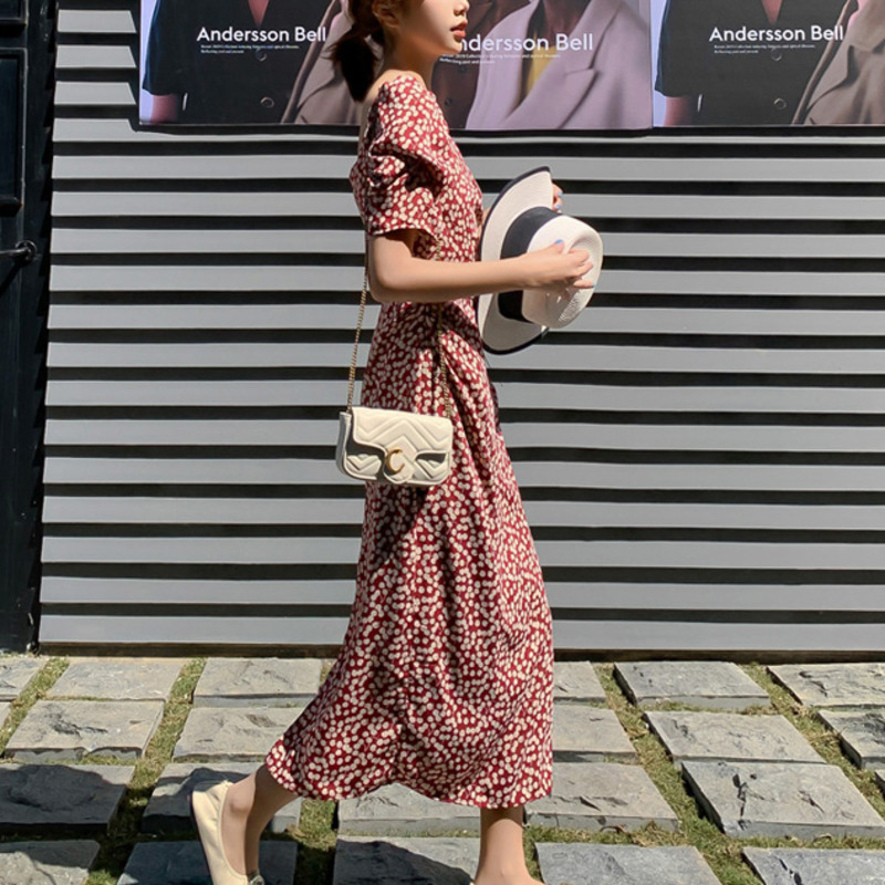 Casual Summer Female Long Dress Flower Short Sleeve Holiday Boho Beach Dress Women Square Collar Vintage Dress Vestidos 210331