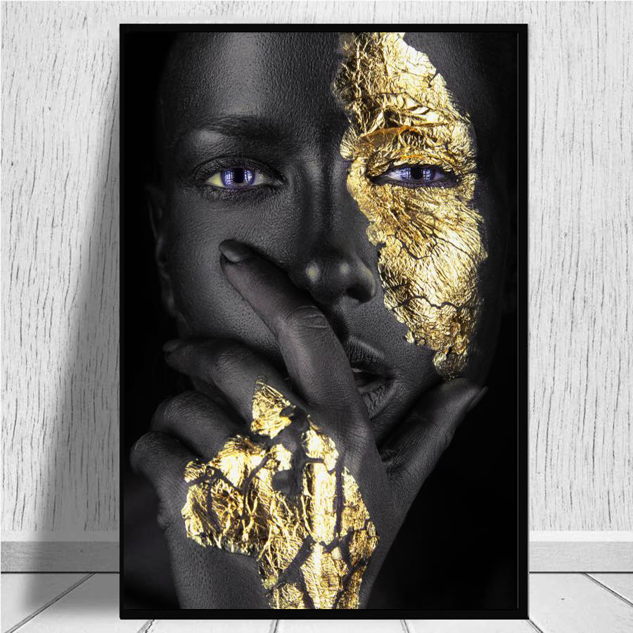 Anime Decor Wall Art Black and Gold Woman Oil Painting on Canvas Art Posters Prints Scandinavian Picture for Living Room