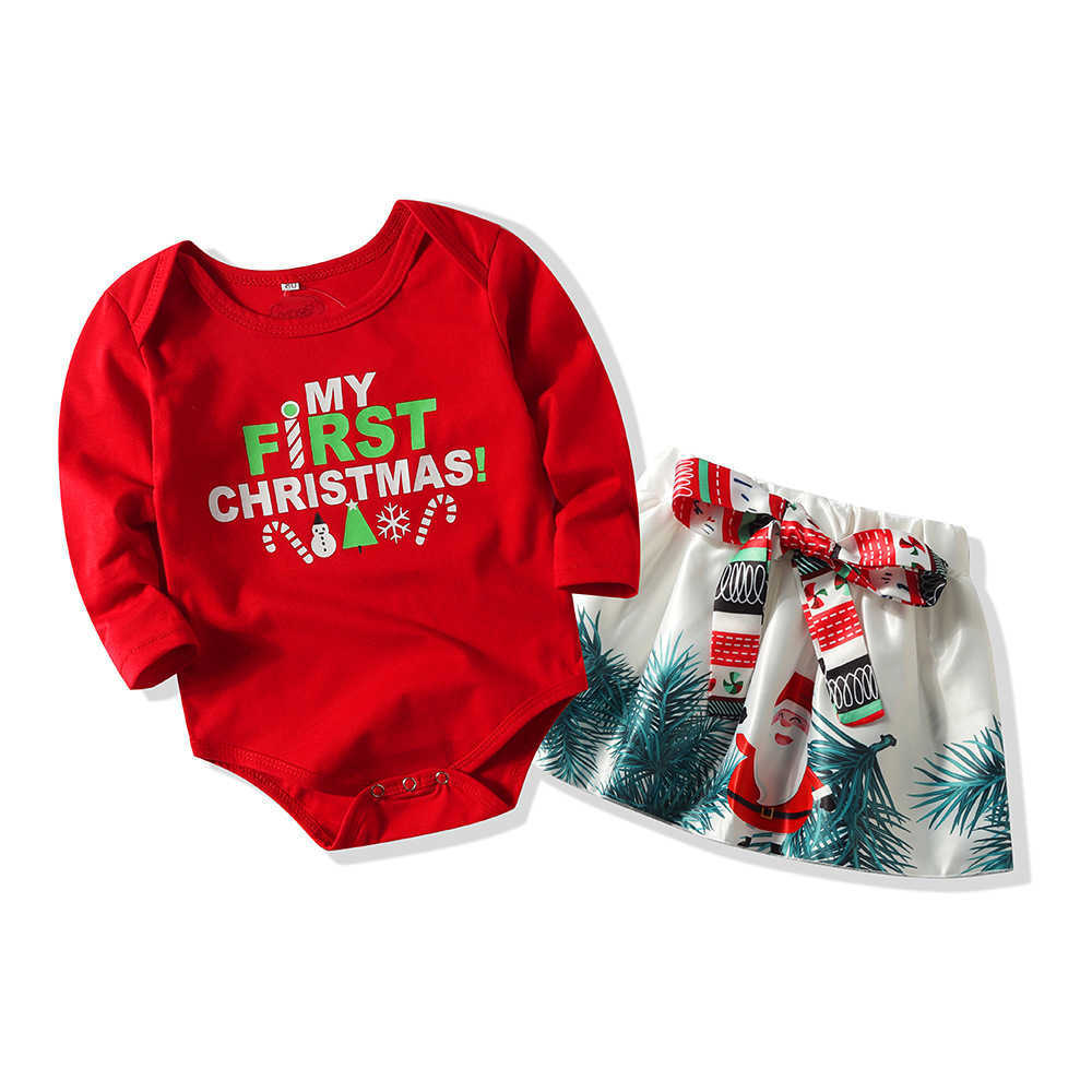 Fashion Baby First Christmas Clothing Set Girls Outfit Red Romper and Print Skirt Ins Letter Year Toddler Clothes 210529