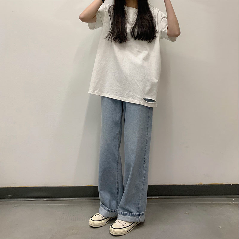 2Colors Summer korean style Soild Color Short Long Sleeve t-shirt Womens Ripped Loose tops Tees shirt femme (X1811) 210423