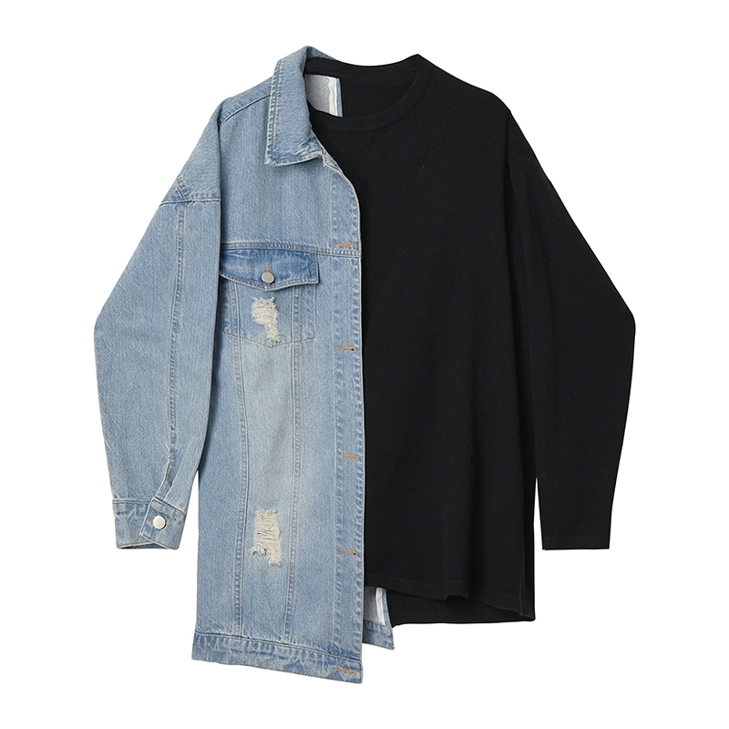 Hit Color Casual Jacket For Women Lapel Long Sleeve Lace Up Patchwork Denim Korean Jackets Female Fashion 210524