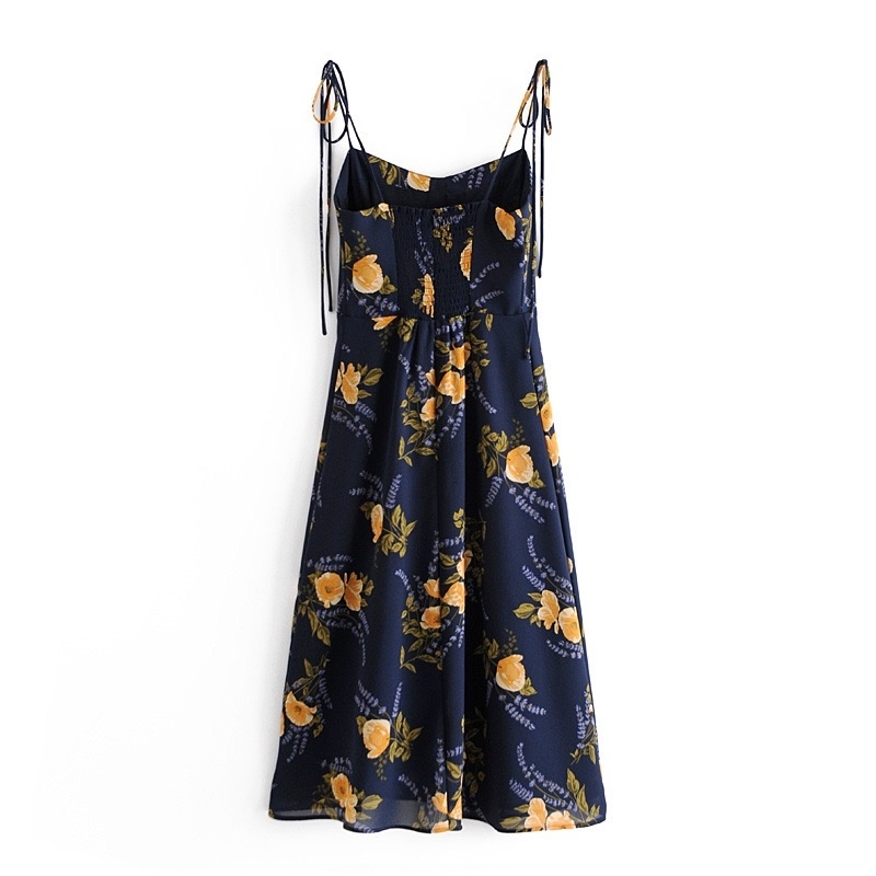 French Summer Navy Blue Floral Print Bandage Spaghetti Strap Midi Dress Retro Sexy Women Lacing Up Sling Slit Vestido 210429