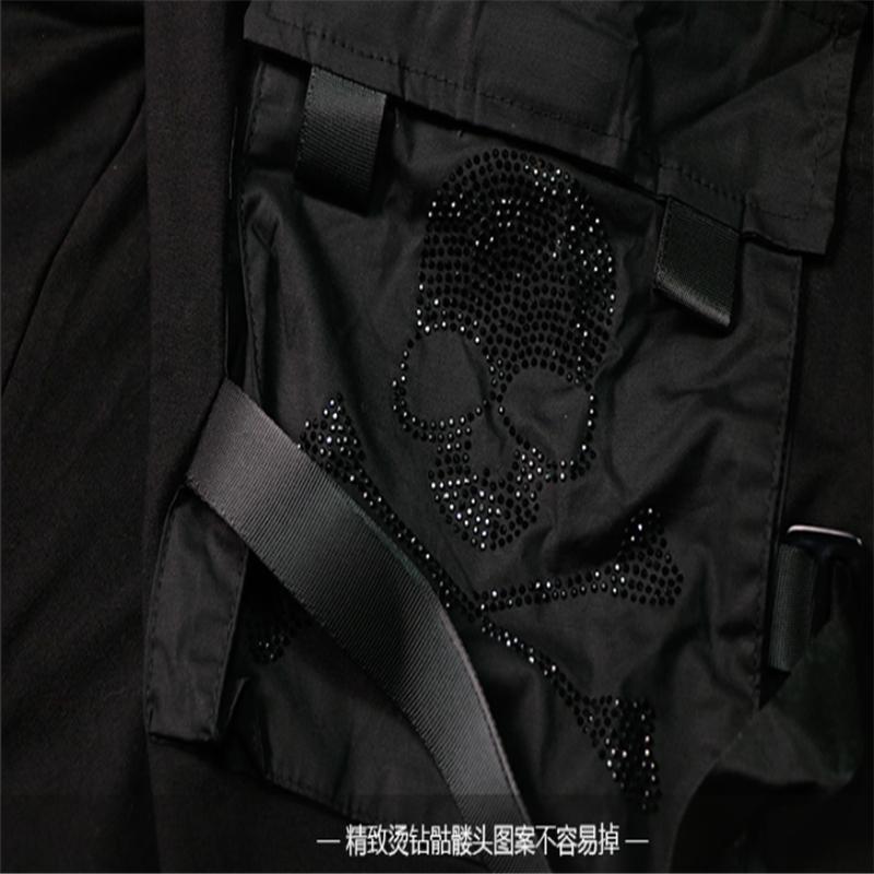 Spring/summer Men's Black Drilling Skulls Overalls Ribbon Leisure Waist Pocket Bundle Foot Support Elastic Slim Pants