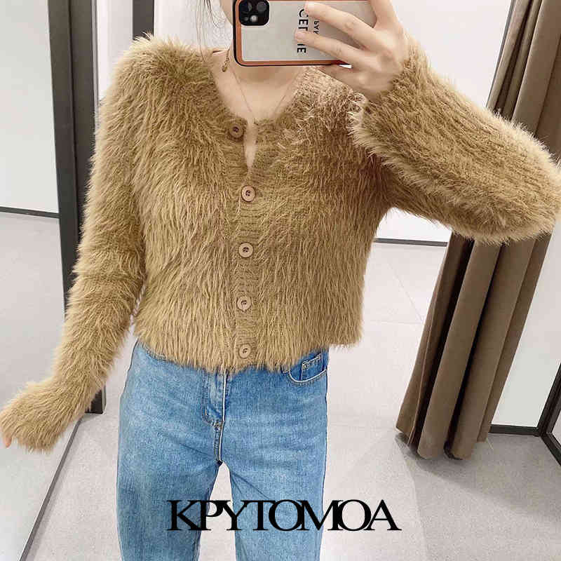 Women Fashion Faux Fur Soft Touch Cropped Knitted Cardigan Sweater Long Sleeve Female Pullovers Chic Tops 210420