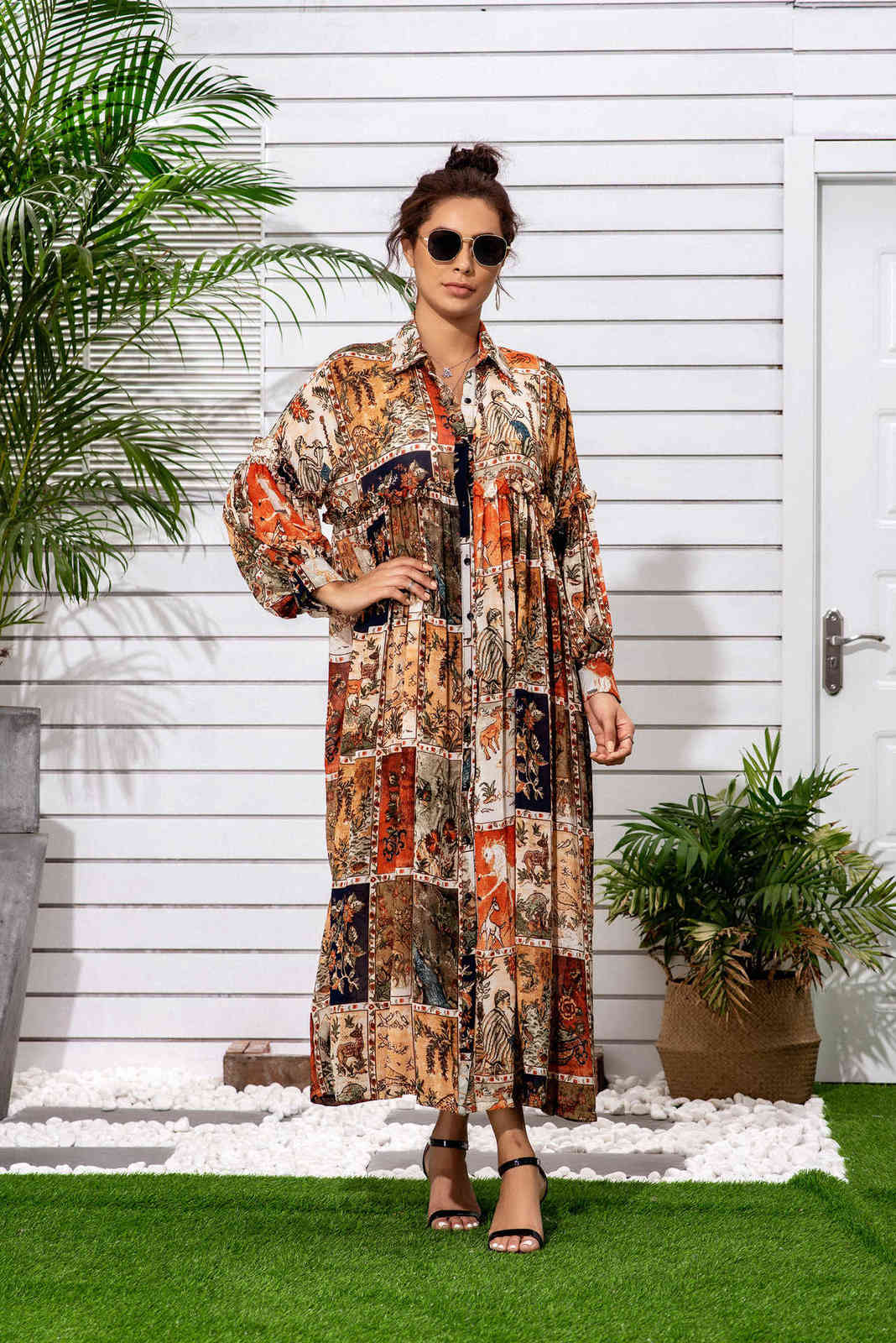 Original Gold Silk Thread Chiffon Printing Long Lantern Sleeves Lace Loose Bohemian Turn Down Collar Shirt Dresses Two Wear 210615Z