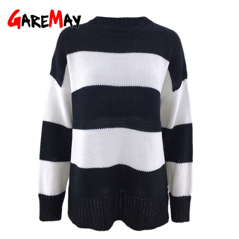 Black And White Striped Sweater Round Neck Long Sleeve Pullover Knitted s For Women Autumn Winter 210428