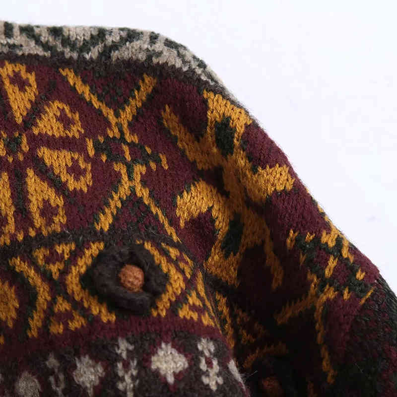 Retro Tribal Ethnic Style Jacquard Sweater Long Sleeve V-Neck Knitted Cardigan Autumn And Winter Sweet Floral Jacket 210521