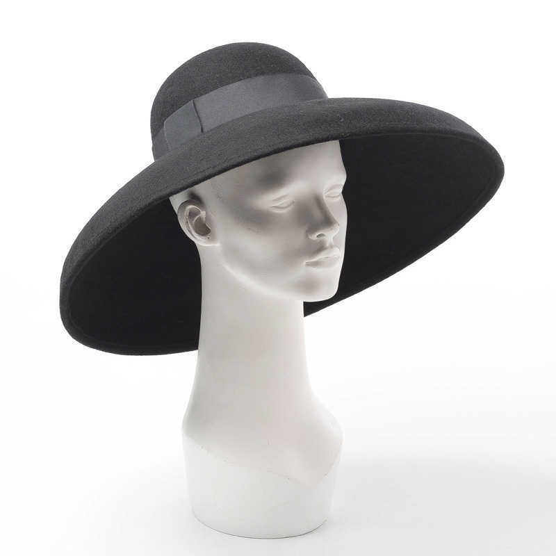 Retro Style Black Pure Wool Felt Floppy Hat Wide Brim Women Winter Fedora Cloche Bowler Hat Ribbon Band Wedding Party Church Hat 210531