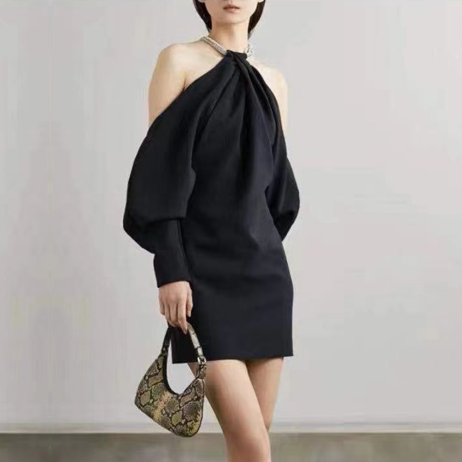 Winter Women Fashion White Halter Club Mini Dress Sexy Long Lantern Sleeve Black Celebrity Evening Party Dresses 210423