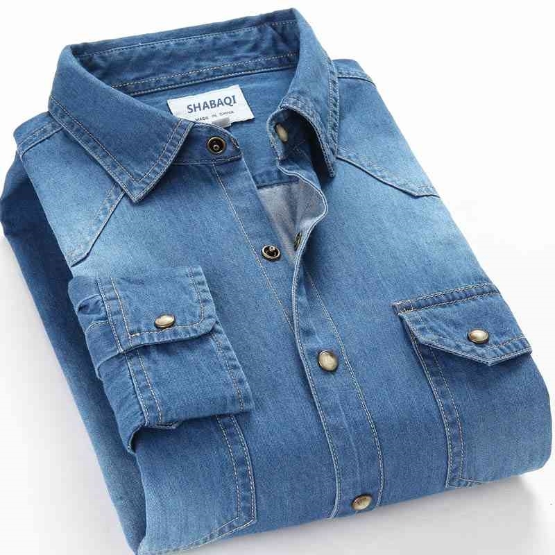 Schinteon Spring Autumn Men Denim Thin Shirt Long Sleeve Soft 100% Cotton Two Pockets Slim Slight Elastic Jeans Cowboy 4XL 210410