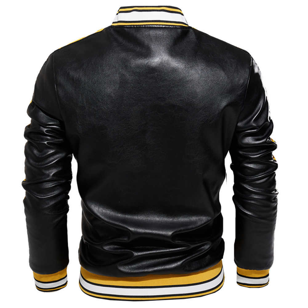 Men Jacket Casual Letter Embroidery Leather Jacket Streetwear Fashion Tops Patchwork Leather Bomber Jacket Autumn Coat Men 211009
