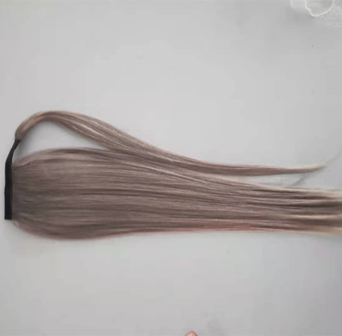 Women gray hair topper extension silver grey straight salt and pepper brown blonde drawstring human ponytails clip in brazilian 1piece