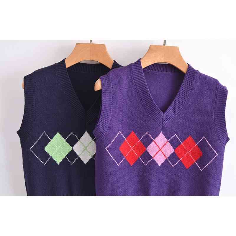 Fashion England Style Plaid Print Spring Knitted Vest Women Casual Sleeveless V-neck Jumper Female Sweaters 210514