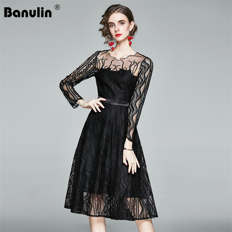 Banulin Fashion Runway Black Lace Dress Spring Autumn Women' O-Neck Long sleeve Mesh Embroidery Slim Elegant Midi Dresses 210603
Banulin Fashion Runway Black Lace Dress Spring Autumn Women' O-Neck Long sleeve Mesh Embroidery Slim Elegant Midi Dresses 210603