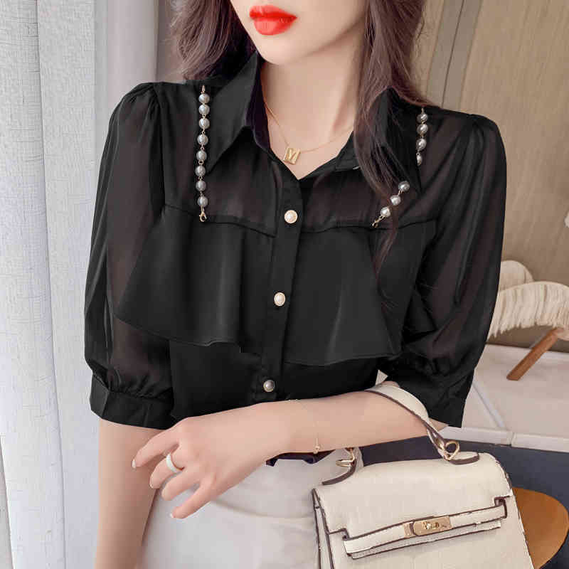 Summer Korean Female Pearl Chain Ruffled Chiffon Stitching Blouse Single Breasted Shirt For Women Fairy Tops 210515