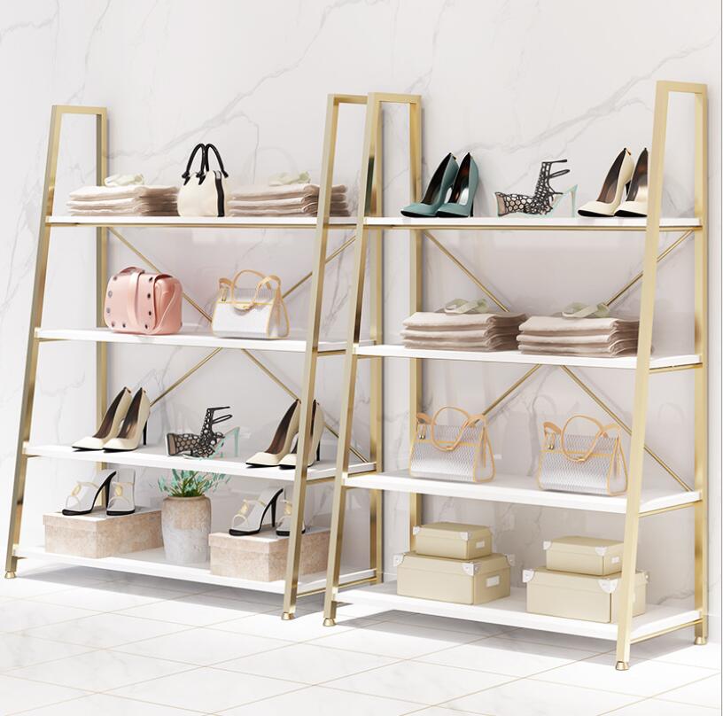 Clothing store shoe bag display shelf Commercial Furniture shoes shop multi layer rack gold jewelry ladder shelfs floor