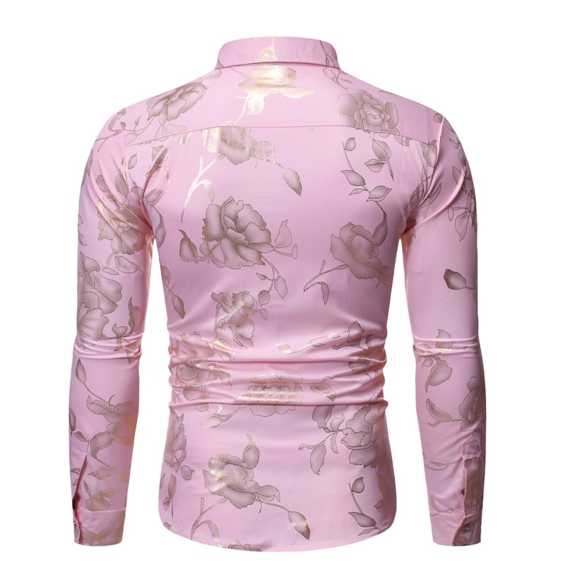Gold Rose Print Pink Shirt Men Stylish Slim Fit Long Sleeve Mens Dress Shirts Party Wedding Club Social Shirt Chemise Homme 210410