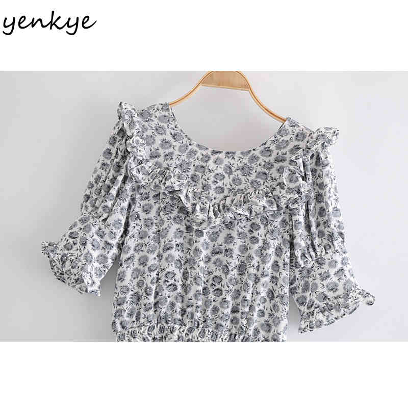 YENKYE Summer Dress Women Vintage Floral Print Asymmetric Ruffle Dress Female O Neck Short Sleeve Mini Vestido Short 210515