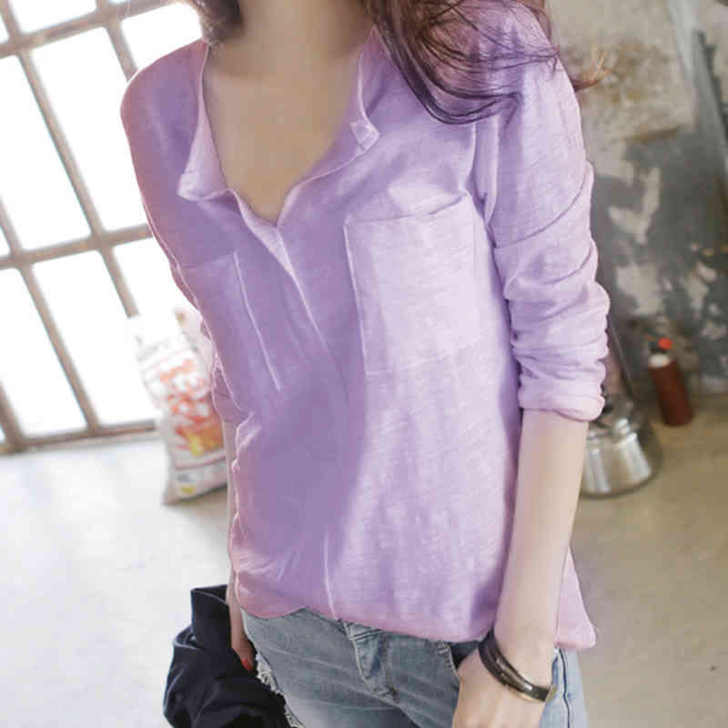 Autumn Korean style slub cotton long-sleeved t-shirt women's v-neck plus size loose bottoming shirt top 210510