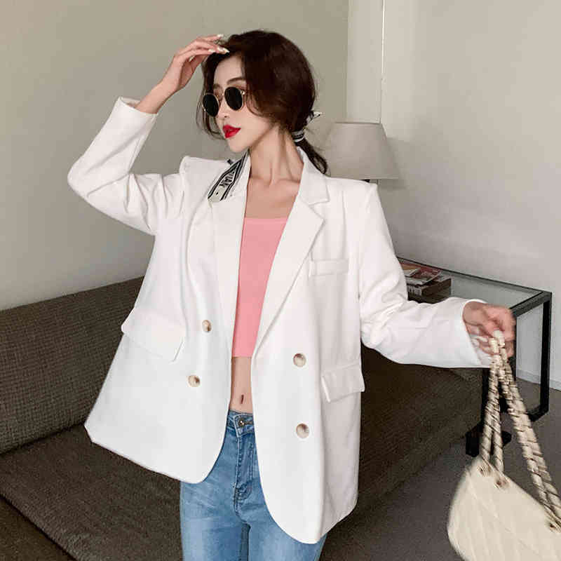 Women Fashion Casual Double Breasted White Blazer Coat Vintage Notched Long Sleeve Female Outerwear Chic Tops 210518