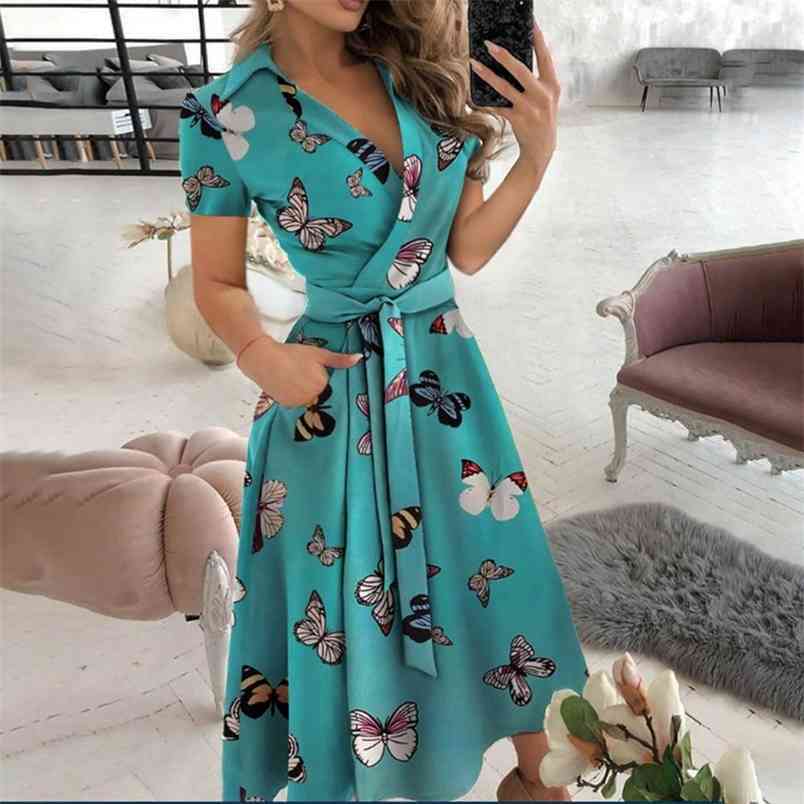 Vintage V Neck Bandage Dress Summer Short Sleeve Midi Party Women Elegant High Waist Slim Holiday Sundress 210522