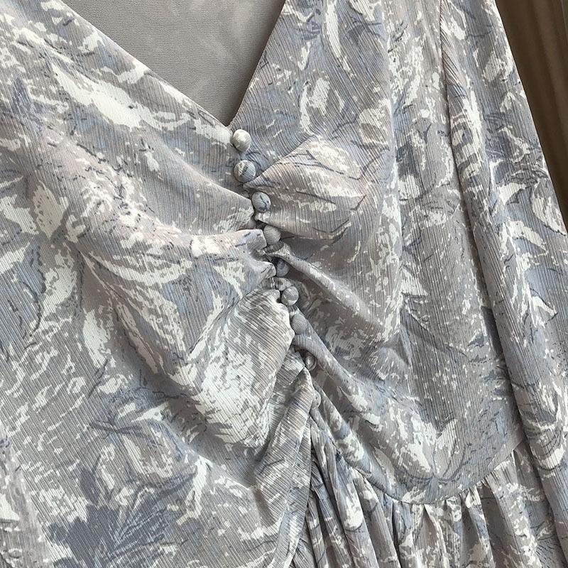 Early Autumn Simple And Cold Wind Retro Ink Smudge Romantic Printing Waist Slimming Dress Casual Dresses