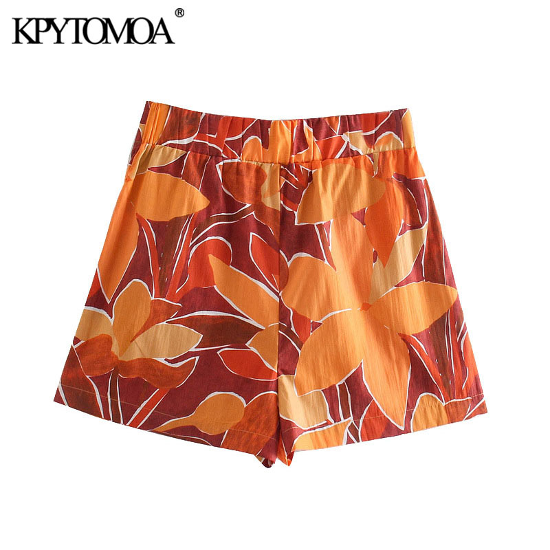 Women Chic Fashion With Darts Printed Bermuda Shorts Vintage High Elastic Waist Side Pockets Female Short Pants 210416